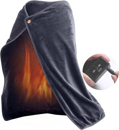 Heated Throw Blanket Shawl USB Cordless Wrap for Women,Electric Ultra Soft Throw Flannel Warm Cape Battery Operated,Heating Shawl with 3 Heating Settings for Car Office Home 40" × 28",Gray
