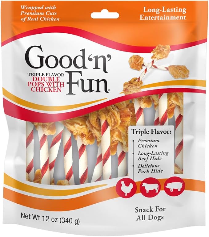 GOOD N' FUN Triple Flavor Double Pops Treats for Dogs, Long-Lasting Chews Made with Real Chicken, Beef Hide and Pork Hide, 12 oz