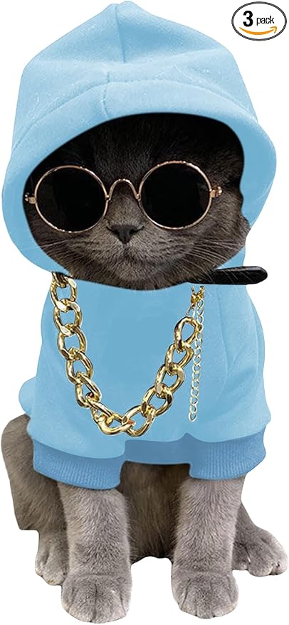3Pcs Dog Hoodie Cat Apparel Dog Custume Set with Necklace and Sunglasses Pet Clothes for Puppy Small Medium Dogs Cats Light Blue Small