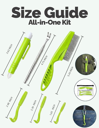 Tick Removal Tool 6 in 1, Pet Tick Remover Kit with Flea Comb, Portable Outdoor Stainless Steel Control Fork, 3 Ultra-Safe Tick Twister for Dogs, Cats, Horses & Humans (Green)