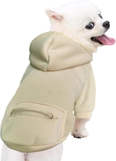 Jecikelon Dog Hoodies for Small Dogs with Zipper Pocket, Soft Fleece Puppy Clothes with Rope Hat, Warm Winter Outfits Cold Weather Coats, Cute Sweatshirt Chihuahua Costume (Beige, Large)