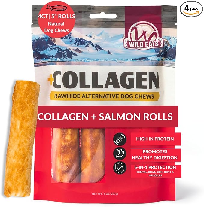 Salmon Flavor Collagen Retriever Style Cheek Roll 5" Dog Chews-4 Pack (Long Lasting Dog Chews Treats & Bones for Medium Dogs) Substitute for Pig Ears for Dogs