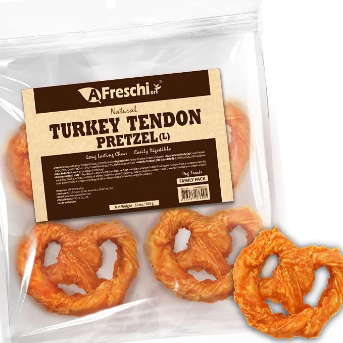 Turkey Tendons for Dogs, USA-Sourced, Healthy Dog Treats, Rawhide-Free Puppy Chews, Long Lasting, All Natural, Hypoallergenic Dog Treats for Large Breeds, 10 oz Pack Pretzel (L)