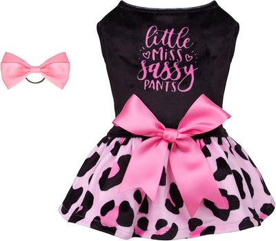 CuteBone Little Miss Sassy Pants Dog Leopard Print Dress Velvet for Small Dogs Girl Puppy Dresses Pink Dog Clothes CVA15L-D