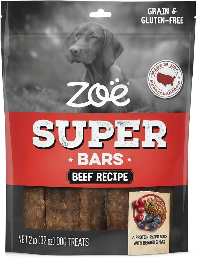 Zoe Super Bars Beef Recipe Dog Treats - Protein Packed Snacks with Berries and Flax Grain Gluten Free 32 oz Bag Big of Made The Finest Ingredients, 2 Pound (Pack 1)