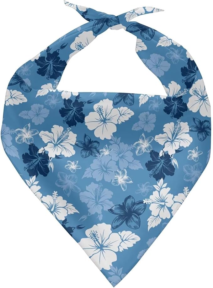 Blue Hibiscus Flowers Dog Bandana Soft Fabric Bandanas Pet Kerchief Cat and Dog Scarf Triangle Bibs Fit for Party, 1 Pack