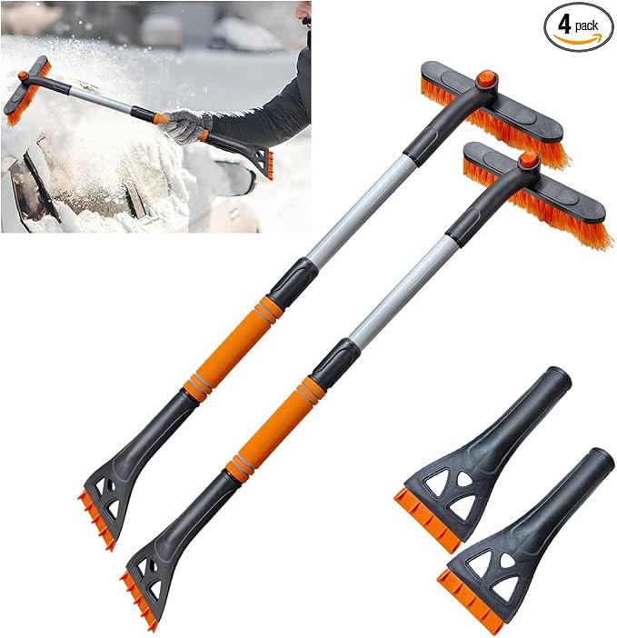 31.5" Detachable Snow Brush and Ice Scraper for Car Windshield, 2-in-1 Winter Snow Removal Tool with Extendable, 360° Rotating Soft Bristle Brush Head and Foam Grip for Most Vehicles (2PCS&Orange)