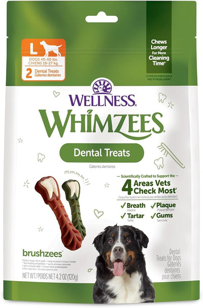 Wellness WHIMZEES Brushzees Natural Dog Dental Treat, VOHC Accepted Chews, Freshens Breath, Large Size, 4.2 oz Bag, 2 Count