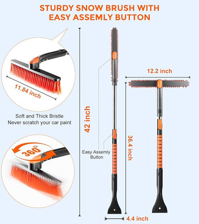 DooGooCoo [Upgrade] Ice Scraper & Extendable Snow Brush for Car Windshield [Military-Grade Sturdy] - 360° Pivoting Brush Head with Silicone Grip for Effortless One-Swipe Clean on Auto (Large)