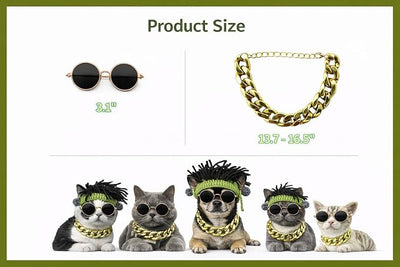 Funny Punk Style pet Costume Set for Cats and Small Dogs - Adjustable Hiphop Hat, Gold Necklace & Dog Sunglasses - Small Breed Halloween Costume, Hiphop Outfit & Clothes for Cats and Dogs