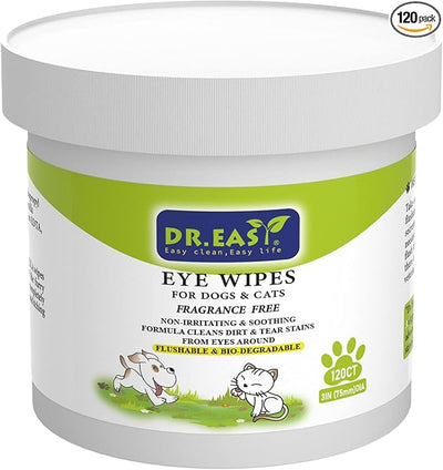 DR.EASY Pet Eye Wipes 120 Ct for Dog Cat Horse & Rabbit Grooming,Tear stain remover,Puppy Kitty eye wash,Remove dirt crust dried mucus discharge secretions, Unscented soft & gentle,Plant Based Formula