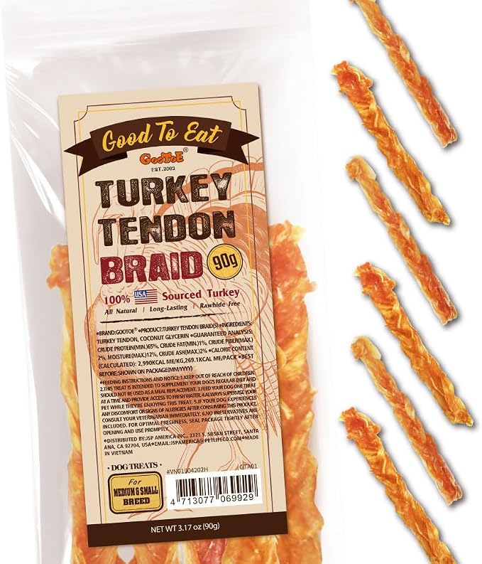 Turkey Tendon Dog Treats – 100% USA-Sourced, Natural Snack, Premium Training Chews, Hypoallergenic, Reseal Value Bags, Size for Medium & Small Dogs, Braid (Medium) 3.17 oz/Pack (90gm)