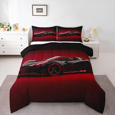 Erosebridal Race Car Comforter Set Twin Size, Boys Extreme Sports Bedding Set Racing Car Cool Speed Quilt for Kids Teens Adult Men Bedroom, Geometric Red Striped Duvet Insert with 1 Pillow Case
