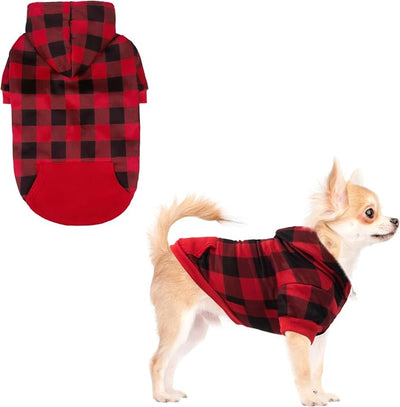 KOOLTAIL Dog Christmas Hoodie for Small Medium Large Dogs - Red Plaid Dog Christmas Outfit Sweater with Hat & Pocket for Cold Winter, Warm Soft Hooded Sweatshirt Clothes for Puppy Cats Girls Boys XS