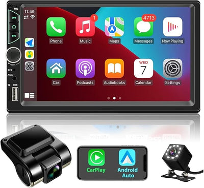 Double Din Car Stereo with Dash Cam,Compatible with Apple Carplay,Android Auto,7 inch Touch Screen Car Radio Receiver with Bluetooth, Mirror Link, Backup Camera, Navigation, FM, USB/TF/AUX