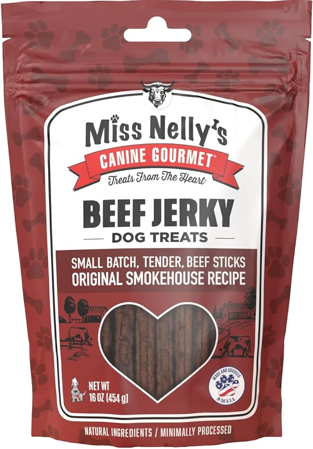 Miss Nelly's- All Natural Beef Jerky Dog Treats Made in USA Only - Beef Jerky Treats for Dogs Original Smoke House Recipe-Minimally Processed Soft Sticks - 16 oz. Bag.