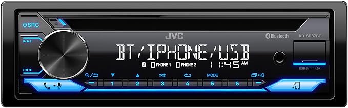 JVC KD-SR87BT Single DIN Car Stereo with CD Player & Bluetooth, 200W Digital Stereo Receiver, Dual Phone Connection, 13-Band EQ, AM/FM Radio, 1.5A USB & AUX, High Contrast LCD, Spotify Control