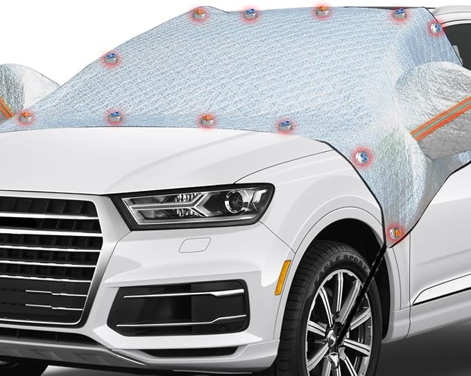 Car Windshield Snow Cover, Waterproof Car Windshield Frost Cover with Side Mirrors Protector, Windproof Winter Cover for Ice and Snow with Magnetic Edge for Car, SUV, RV and Truck