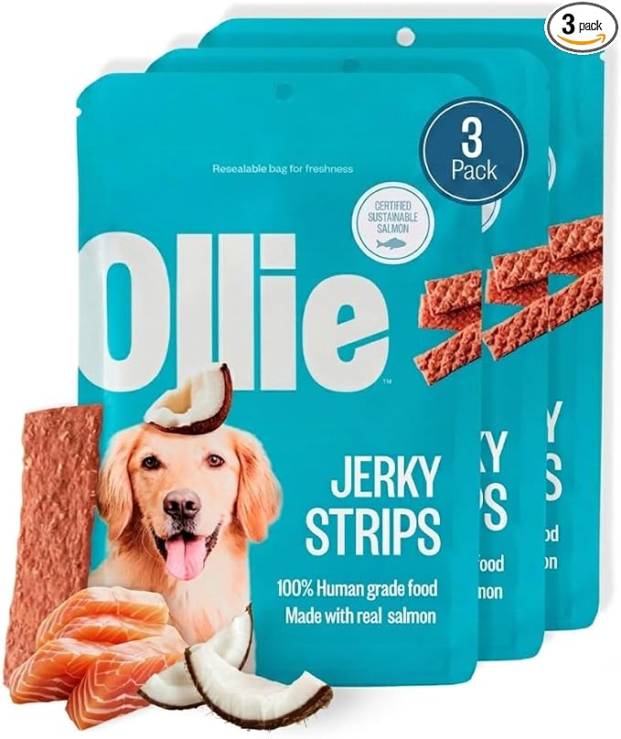 Ollie Salmon and Coconut Jerky Dog Treats, 5 oz Pack of 3, All Natural, Healthy Snacks, Made with Real Meat, Human Grade, for Dogs