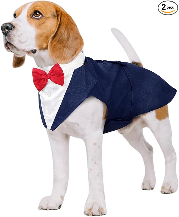Dog Tuxedo Dog Suit and Bandana Set, Dogs Tuxedo Wedding Party Suit, Doggy Prince Bow Tie Shirt Formal Pet Wedding Attire for Large Medium and Small Dogs Golden Retriever Samo Bulldogs
