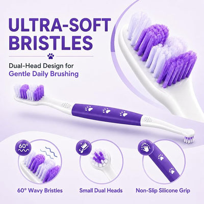 Dog Toothbrush, Dual-Head, for Medium-Large Dogs, Purple | Soft Bristles for Gentle Cleaning, 60° Curved Bristles for Better Coverage, Comfortable for Sensitive Gums