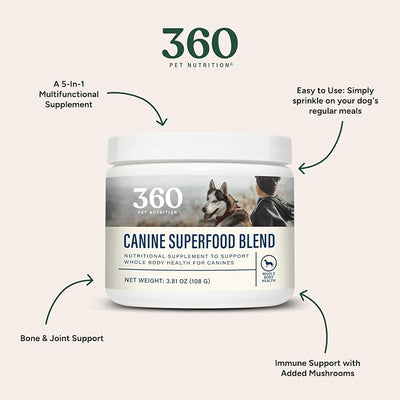 360 Pet Nutrition Canine Superfood Boost – All Life Stage Dog Meal Topper & Supplement, Supports Joint, Digestive & Immune Health, 30 Servings, Beef Flavor