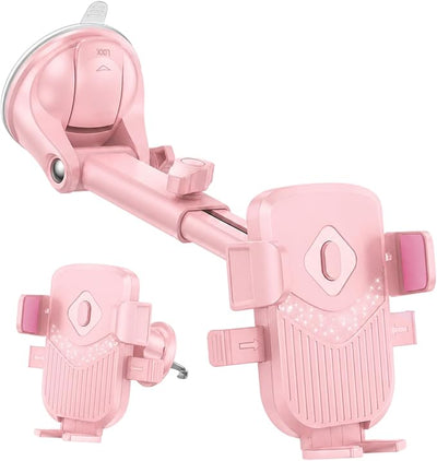 Car Phone Holder, 360° Rotation Strong Suction Vehicle Dashboard Windshield Air Vent Mobile Phone Mount, Auto Interior Dash Windshield Cellphone Stand, Universal Fit for SUV RV Truck, Pink