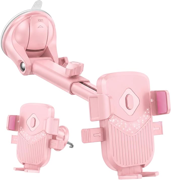 Car Phone Holder, 360° Rotation Strong Suction Vehicle Dashboard Windshield Air Vent Mobile Phone Mount, Auto Interior Dash Windshield Cellphone Stand, Universal Fit for SUV RV Truck, Pink