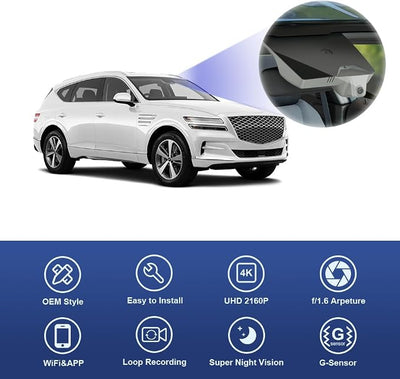 Fitcamx 4K Dash Cam Suitable for Genesis GV80 2021-2025 (HD2-T6010, Blue Black), Integrated OEM Style, UHD 2160P Video, WiFi & APP, Loop Recording, Gravity Sensor, Night Vision, Plug & Play, 64GB Card