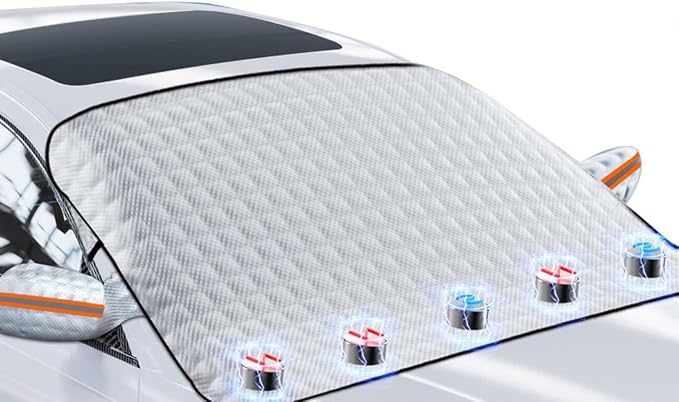Car Windshield Snow Ice Cover with Side Mirror and Elastic Hook, 5 Magnetic Automotive Windshield Snow Frost Cover, Foldable Car Windshield Sun Shade for Most Cars, SUV/Truck/MPV(61"x46"Inch)