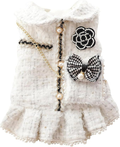 Spring Fall Winter Small Dog Tweed Princess Dress White Pearl Design, Warm Fleece Dog Coat for Girls, Cute Puppy Clothes with Bow Flower, Luxury Chanel Style Pet Outfit for Cats & Dogs(XS)