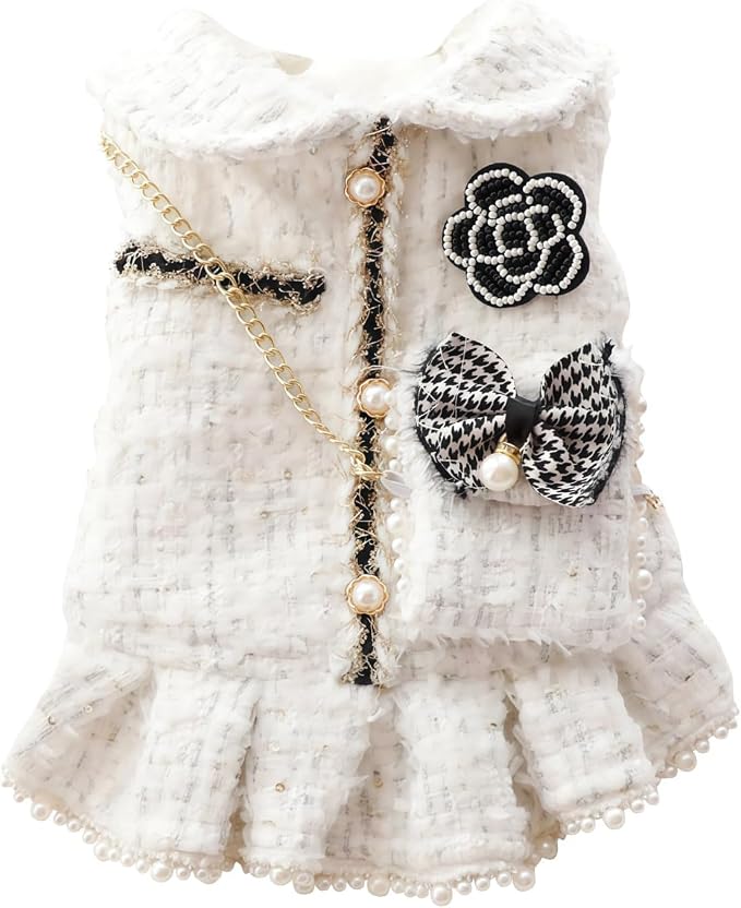 Spring Fall Winter Small Dog Tweed Princess Dress White Pearl Design, Warm Fleece Dog Coat for Girls, Cute Puppy Clothes with Bow Flower, Luxury Chanel Style Pet Outfit for Cats & Dogs(S)