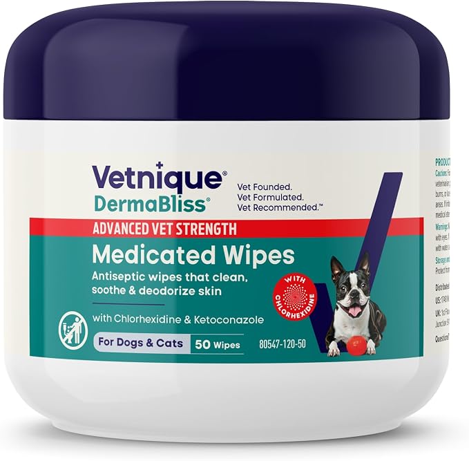 Dermabliss Chlorhexidine for Dogs & Cats Wipes - Ketoconazole Medicated Antibacterial & Antifungal Skin Wipes for Hot Spots, Yeast Infection, Yeasty Paws, Itch & Smelly Folds, 50 Count Small