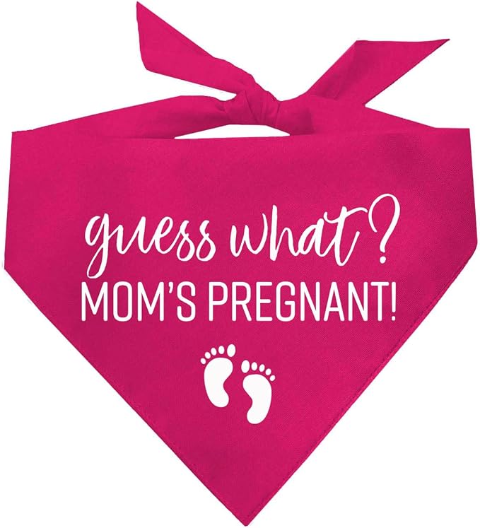 Guess What? Mom's Pregnant Dog Bandana | 100% Cotton Adjustable Triangle | Made in USA | New Baby | Pregnancy Announcement Photoshoot Prop | Gender Reveal | Hot Pink One Size (216)