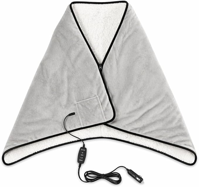 Sojoy 12V Heated Car Blanket with Zipper Wearable Design, Flannel Sherpa Electric Blanket for Car Truck SUV RV Van, Portable Heated Shawl, Light Gray