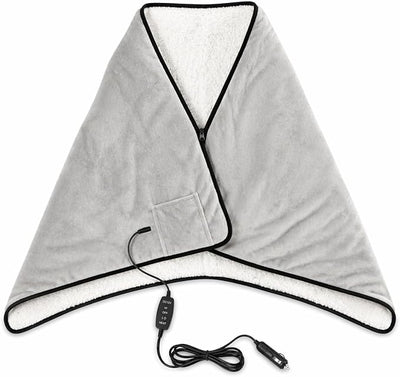 Sojoy 12V Heated Car Blanket with Zipper Wearable Design, Flannel Sherpa Electric Blanket for Car Truck SUV RV Van, Portable Heated Shawl, Light Gray