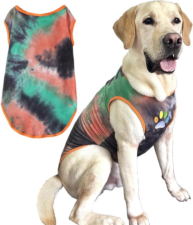 Dog Shirt Dog Vest Summer Tie Dye Dog Clothes Cool Breathable Cotton T-Shirt Medium Large Dog Boys Girls Shirt(GreenOrange, Medium)
