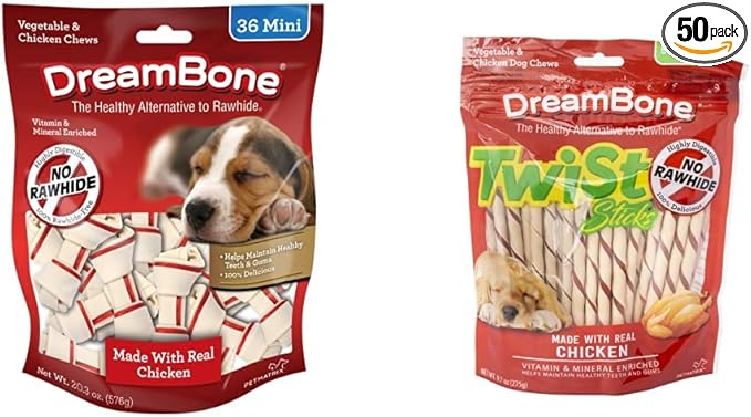 DreamBone Vegetable & Chicken Dog Chews (36 Count) Twist Sticks (50 Count)