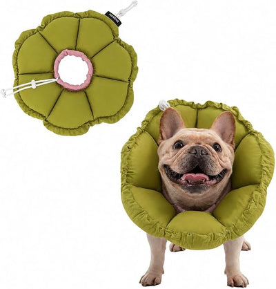 H HIDREAM Dog Cone Collar Stress-Free Recovery Cone Alternative: Adjustable Depth & Diameter for Wide-Neck Dogs (Pugs, Bulldogs, Bullies) Green Flower XL-B