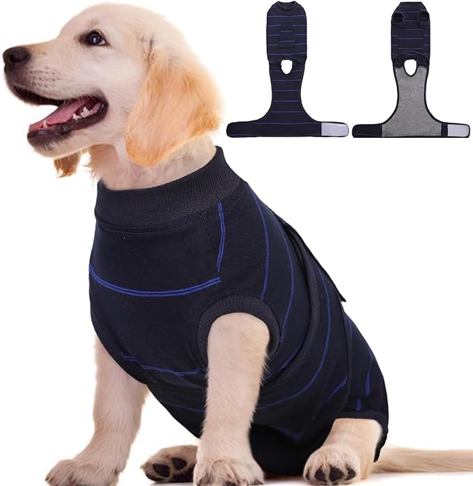 Dog Surgery Recovery Suit, Soft Breathable Dog Recovery Suit for Female Spay Male Nueuter, Anti Licking Puppy Onesie Pet Surgical Suit for Dogs Abdominal Wounds Skin Disease, Blue Strips XS