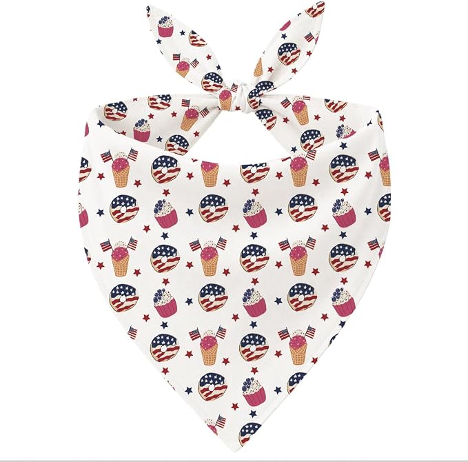 4th of July Dog Bandana, Patriotic Ice Cream Cupcake Pet Triangle Scarf for Independence Day Party Outfit, American Flag Neckerchief for Small Medium Dogs, Puppy Gift for Boys Girls