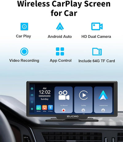 10.26 Inch Wireless CarPlay Screen for Car, Apple CarPlay & Android Auto Touch Screen with Rear Camera, BT Music, Navigation, Voice Control for Vehicles