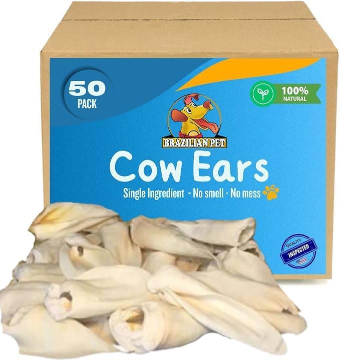 100% Natural Real Cow Ears (50 Pack) Prime Dog Chews, Over 5 inches Free Range Grass Fed Cattle, No additives, Chemicals or Hormones