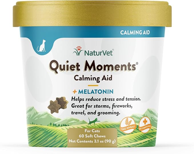 Quiet Moments Calming Aid for Cats Plus Melatonin – 60 Soft Chews – Helps Reduce Stress & Promote Relaxation – Great for Storms, Fireworks, Travel & Grooming