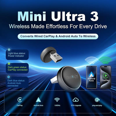 Carlinkit Wireless CarPlay & Android Auto Adapter - Mini Ultra 3 Convert OEM Wired to Wireless Dongle for iPhone & Android 11+, USB-A/Type-C Plug & Play, Fast Connection, Online Upgrade