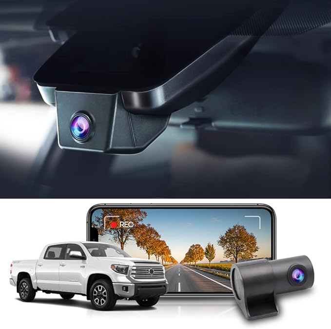 2K Front Rear Dash Cam Suitable for Toyota Tundra 2017 2018 2019 2020 2021 & Sequoia 2017-2022 Limited SR5 Crewmax TRD, OEM Style, Dual 1440P+1080P Video, G-Sensor Loop Recording WiFi, 64GB