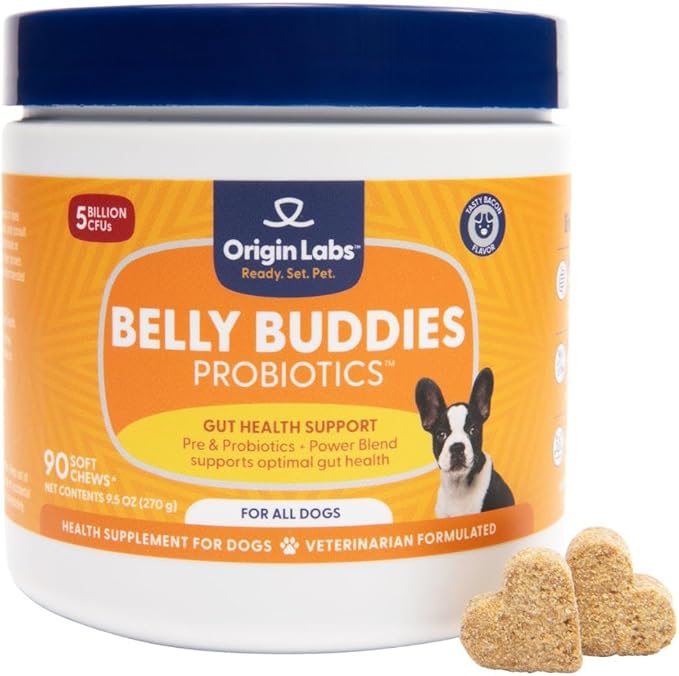 Belly Buddies - Probiotics for Dogs - Prebiotics & Probiotics - Supports Gut, Skin, and Immune Health - 5 Billion CFUs 7 Strain Probiotic Blend - Natural Bacon Flavor, 90 Soft Chews