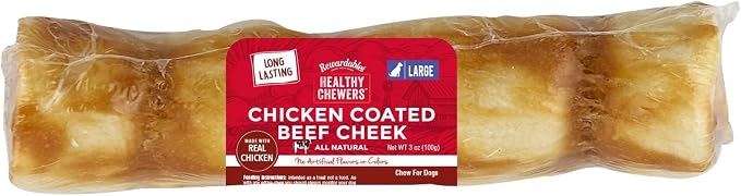 Chicken Coated Beef Cheek Rolls for Dogs [9 Inch] — Long Lasting Chew, All Natural, No Artificial Flavors, 1 Large Roll — Aggressive Chewers, Large & Giant Dogs