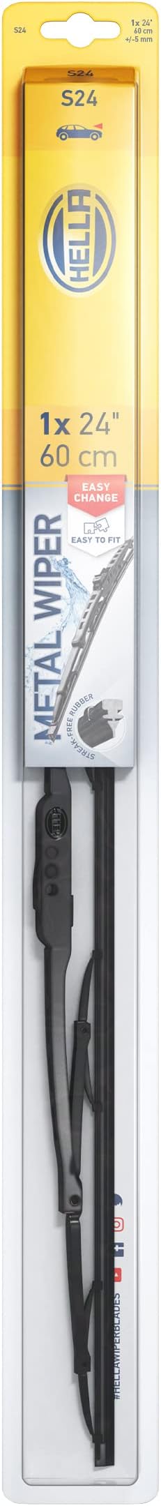 Hella Oe Quality 24 Inch All Seasons Streak-Free Rubber Standard Wiper Blade (Single Blade) fits select BMW Chevrolet Chrysler Dodge Ford GMC Hyundai Mazda Nissan Ram Toyota Volkswagen / 9XW398114024