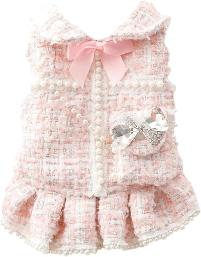 Spring Fall Winter Small Medium Dogs Tweed Princess Dress Pink Pearl Design, Warm Fleece Puppy Outfit with Bow Flower, Cute Luxury Dog Clothes for Cats and Small Dogs(Pink,M)